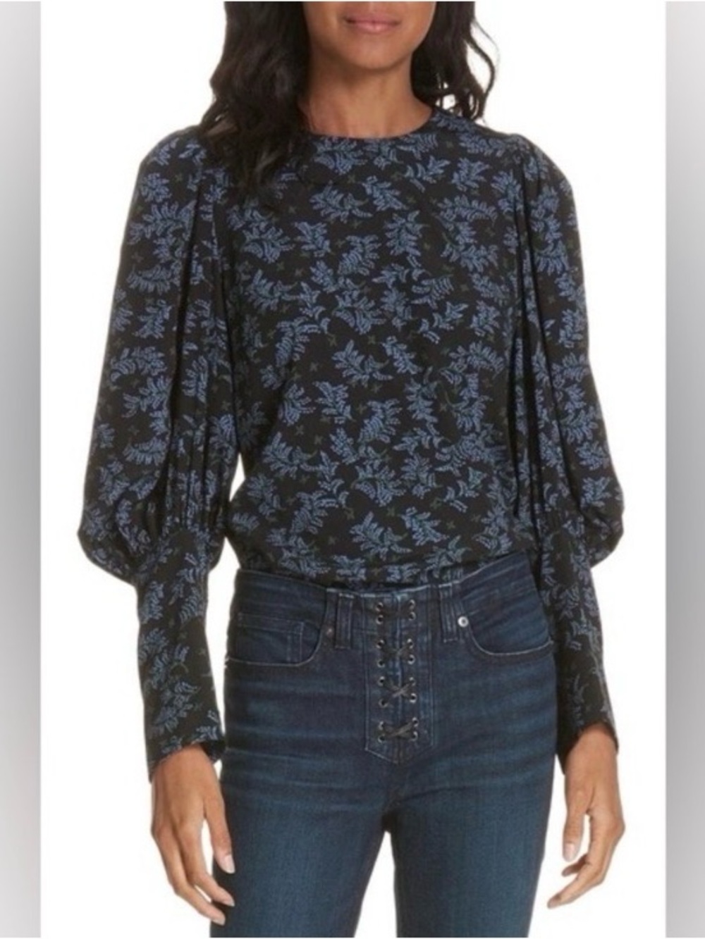 Veronica Beard Black Floral Puff-Sleeve 100% Silk Blouse with Blue & Green Print